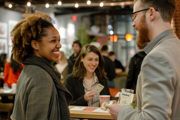 Poster - Diverse group of professionals chatting and networking around a bar at a lively event, A lively networking event with professionals mingling and exchanging business cards