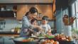 Happy asian mother cooking together with little children in modern kitchen at home - Chinese mom and kids having fun preparing food together - Family concept - Models by AI generative