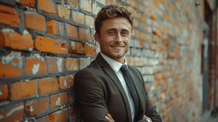Poster - A smiling groom standing against a brick wall, casual suit. Generative AI.