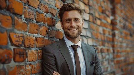 Poster - A smiling groom standing against a brick wall, casual suit. Generative AI.