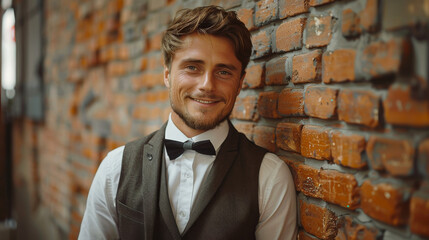 Poster - A smiling groom standing against a brick wall, casual suit. Generative AI.
