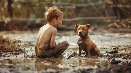 Wall Mural - Dog play with kid in mud in outdoor park