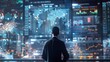 © Parintron - Businessman looking at the big financial data screen in the futuristic trading room.