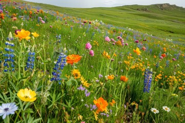 Sticker - Wildflowers of different colors blooming in a lush green meadow, A lush green meadow with colorful wildflowers blooming