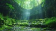 Sunlight Beaming Through an Enchanting Forest Cave With Lush Greenery and Tranquil Water