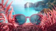 Stylish Red Sunglasses on a Tropical Pink Sand Beach with Exotic Foliage and Turquoise Sea