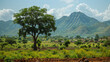 African Landscape with Lush Greenery, A Lone Tree, and Mountain Backdrop