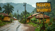 Rural Rwanda Village Road with Aged Sign on Rainy Day, Lush Greenery