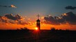 Stunning Sunset Silhouette of Cross and Church Bell Tower in Open Landscape