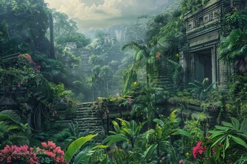 Poster - A vibrant jungle teeming with diverse wildlife and ancient ruins, A lush jungle with diverse wildlife and hidden ruins