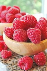 Wall Mural - Fresh red raspberries in wooden bowls  healthy snack promotion in warehouse kitchen