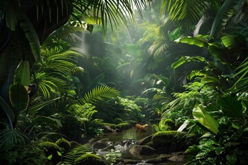 Poster - A stream meanders through a dense green forest, surrounded by vibrant vegetation and towering trees, A lush tropical rainforest teeming with exotic plants and animals