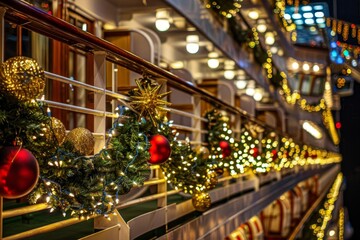 Sticker - Christmas wreaths line a railing on a festive cruise ship deck, adding holiday cheer to the surroundings, A luxurious cruise ship decked out in holiday decorations and festive ornaments