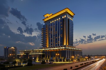 Poster - Tall Building Aglow With Lights, A luxury hotel chain owned by a prominent Muslim businessman, known for its premium amenities and world-class hospitality