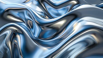 Flowing liquid metal shapes twist in a smooth rhythm Lowangle, ethereal lighting, silver and blue metallics shimmer in abstract waves