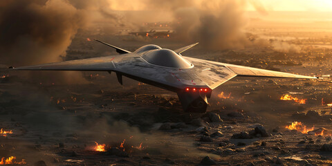 A fighter jet flying over a field of fire.