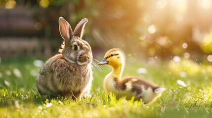 Cute rabbit with baby duck on outdoor lawn.