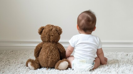 Wall Mural - Back view of cute little baby with teddy bear