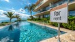 For Rent Sign Positioned Near A Modern Beachfront Condo Or Apartment Complex