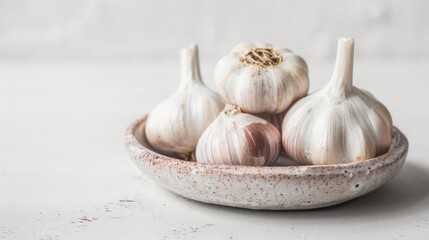 Canvas Print - Garlic placed alone on a small dish with a white backdrop