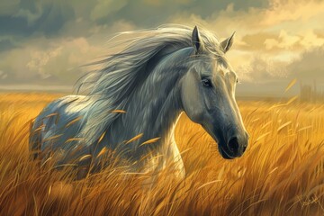 Sticker - A white horse with flowing mane standing in a field of tall grass, A majestic horse with a flowing mane in a peaceful meadow