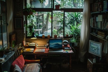 Poster - A laptop computer placed on top of a wooden desk in a makeshift workspace, A makeshift workspace in the corner of a living room