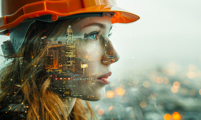 Poster - woman engineer hardhat construction site double exposure face blueprints building plans urban develo