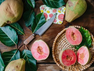 Wall Mural - Fresh guava fruit in a basket with leaves on a wooden background