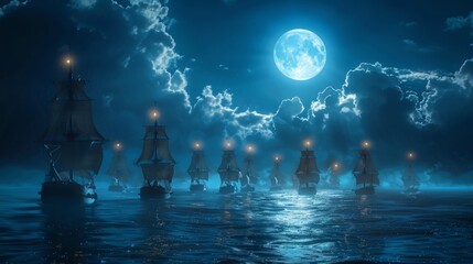 Poster - Sailing ship fleet in sea water with moon.