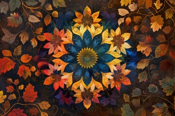 Poster - a painting featuring a vibrant flower at the center, surrounded by colorful leaves in intricate flor