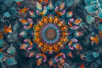 Poster - Vibrant flower with numerous leaves in a circular pattern, A mandala made of intricate floral patterns