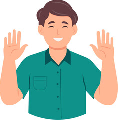 Smiling guy  saying hello or bye and waving with hands. Hi gesture. Joyful communication.Flat vector illustration isolated on white background