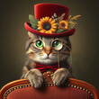 A cat in a pince-nez and a hat decorated with flowers peeks out from behind a chair