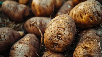 Wall Mural - Close-up of freshly harvested sweet potatoes lying on the ground in the field