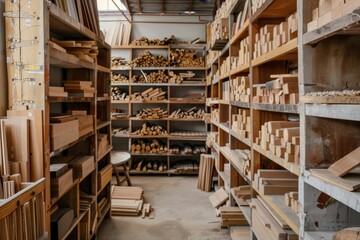 Poster - A room packed with shelves displaying an assortment of wooden items, A maze of shelves filled with various types of wood
