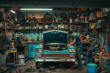 Poster - a man works on a vintage convertible car in a garage, inspecting the engine for repairs and maintena