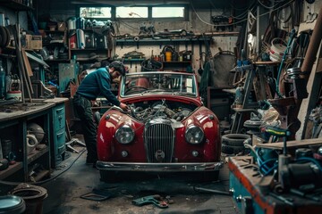 Poster - a man in a garage inspecting the engine of a vintage convertible car, a mechanic inspecting the oil 