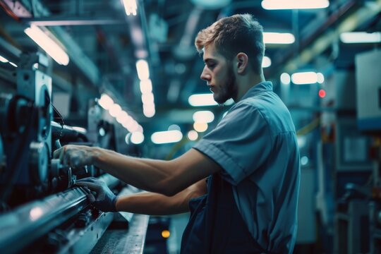 A man in a factory setting, focused on working on industrial equipment, A mechanical engineer working on industrial equipment in a factory setting