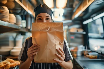 Wall Mural - Young female chef in food truck giving blank wok paper bag