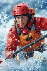 Wall Mural - Canoeist s determined face close up navigating rough waters at summer olympic games, sports concept