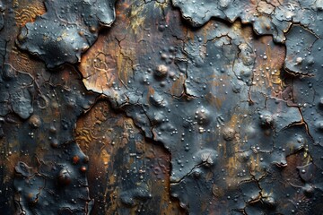 Poster - Close-up texture of a decaying metal surface displaying rust and layers of chipped paint, invoking a sense of aging and deterioration