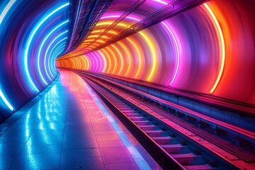 Poster - A breathtaking perspective of a vibrant neon-lit tunnel, with bold colors leading into infinity, symbolizing future and innovation