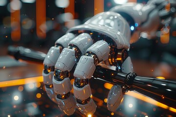 Poster - Intricate details of a metallic robotic arm are displayed against a sleek black surface, emphasizing technology and engineering