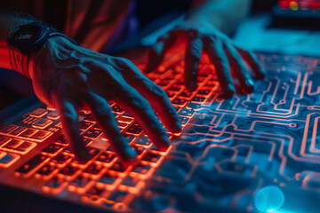 Poster - A man is typing on a keyboard with red keys