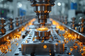 Poster - High precision CNC machining process showcasing bright sparks from metalwork with dramatic lighting and complex equipment