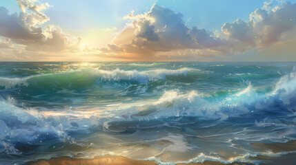 Wall Mural - A painting of a beach with a large wave crashing into the shore