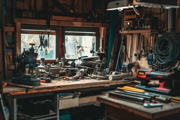 A room filled with various types of tools and pipes scattered around a cluttered workspace, A messy workspace cluttered with pipes and tools