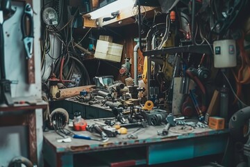 Poster - A cluttered room filled with numerous types of tools and pipes scattered around a workspace, A messy workspace cluttered with pipes and tools