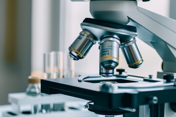 Poster - A detailed view of a microscope placed on a table, ready for scientific research and analysis, A microscope and test tubes symbolizing the field of science and research