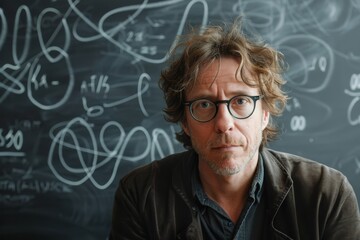 Poster - middleaged man with glasses standing in front of blackboard, a middle-aged man with glasses and a di